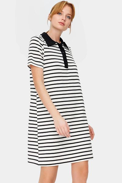 PayBuy Striped Viscose Blend Polo Neck Short Sleeve A-Line Dress Custom Design Zarifane