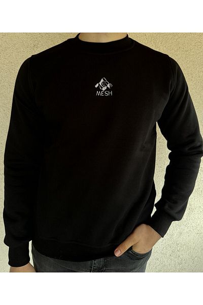 Mesh Men's Black Cotton Winter Crew Neck Premium Sweatshirt Embroidered Soft Relaxed Fit