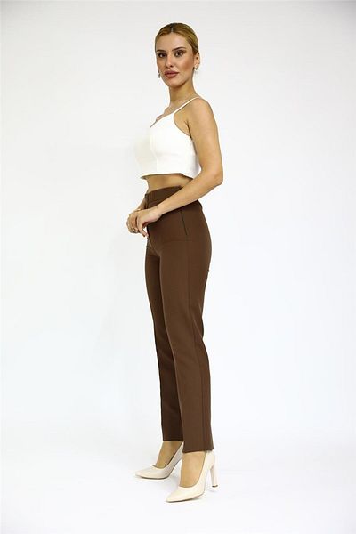 ÖNDER ÖZSOY Bitter Brown Colored Elastic Waist Zippered Pipe Leg Trousers