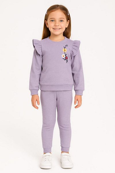 dinamik çocuk Waffle Fabric Floral Embroidered 2 Thread Seasonal Suit Set for 2-6 Years Old Girl