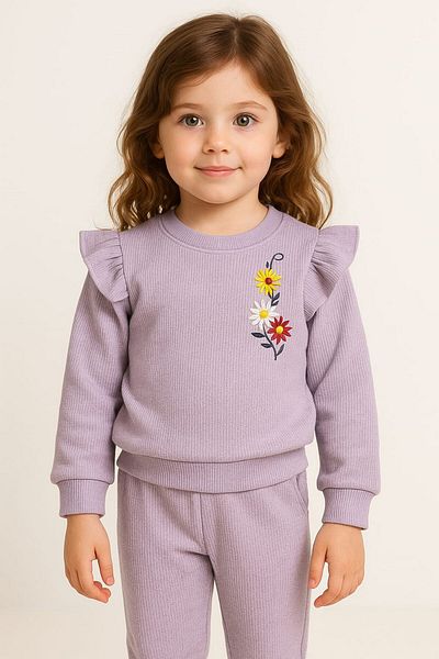 dinamik çocuk Waffle Fabric Floral Embroidered 2 Thread Seasonal Suit Set for 2-6 Years Old Girl