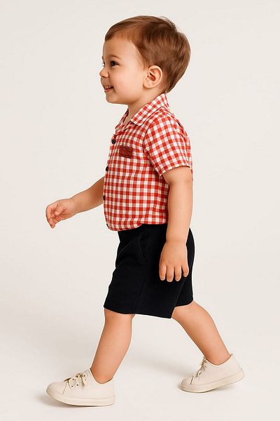 dinamik çocuk 2-Piece Set with Satin Shirt and Shorts for Boys - Summer, Pitta, Short Sleeve (FULL FIT)