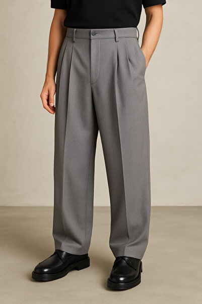 eywear Erkek Gri Renk Pileli Likralı Rahat Kalıp Bol Kesim Baggy Kumaş Pantolon