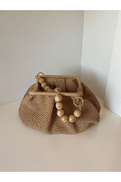 PeriStore Talya Hasır El Çantası Ahşap Boncuk Askılı 25x20cm Astarlı Handmade