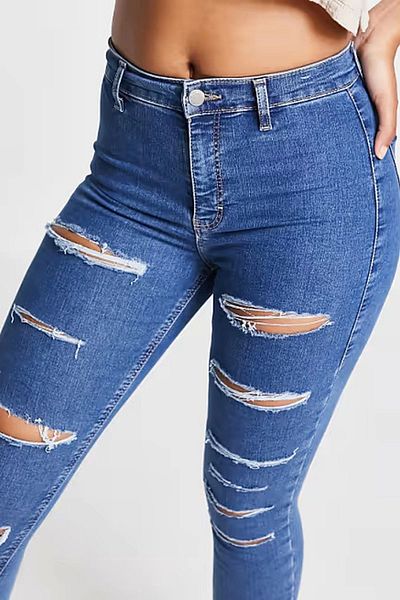 Harmony Pantaloni skinny cu talie înaltă, albastru rupt, din lycra, fără buzunare