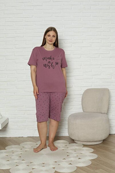 dealp Women's Black Large Size 100% Cotton Summer Short Sleeve Pocket Capri Bermuda Pajama Set