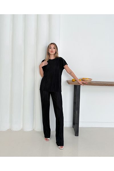 MODAMİNEM Women's Black Pleated Casual Blouse Pocket Detailed Trousers Set