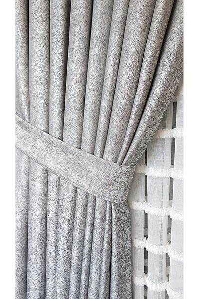 Yuka Troy Gray Double Wing Closely Pleated Jacquard Satin Textured Background Curtain with Shiny Pattern 100 X 260