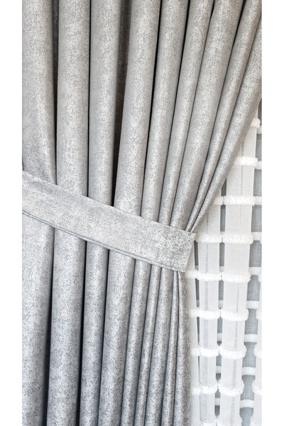 Yuka Troy Gray Double Wing Closely Pleated Jacquard Satin Textured Background Curtain with Shiny Pattern 100 X 260