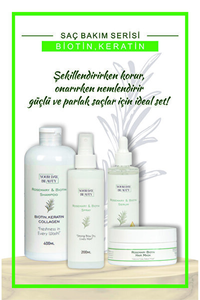 Your Day Beauty Saç Bakım Seti – Dökülme Karşıtı Biotin Keratin Kolajen Biberiye – Şampuan & Serum & Maske & Sprey