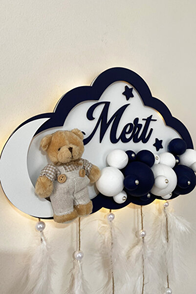 Ahşaplan Bubble Ledli Bulut Bebek Kapı Süsü | Bebek Odası Duvar Süsü