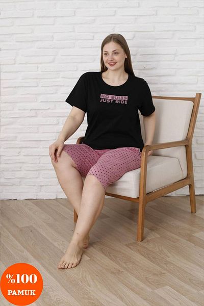 dealp Women's Black Large Size 100% Cotton Summer Short Sleeve Pocket Capri Bermuda Pajama Set