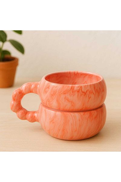 İZart Bead Handle Patterned Orange Ebruly Handmade Ceramic Mug
