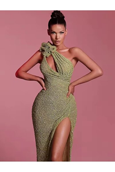 DESİGNEDBYD Yeşil Tek Omuzlu Payetli Uzun Abiye Elbise
