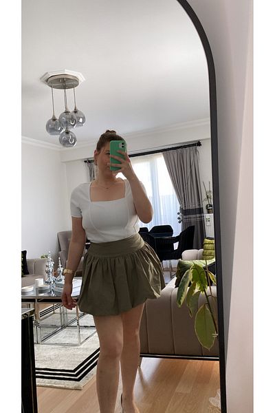 Umay Trend Women's Short Balloon Skirt Oil Green