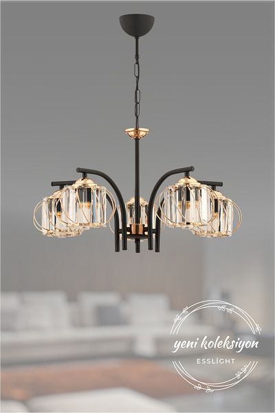 ESSLİGHT Molde 5 Li Gold Chandelier (Crystal Stone) Living Room Bedroom Kitchen Young Room Office