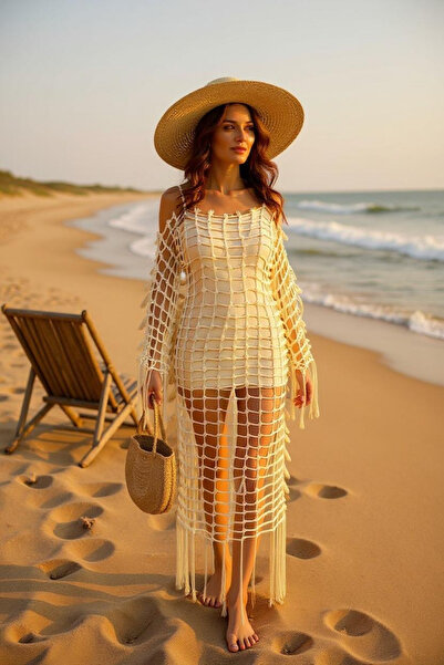 Zuviel Deco Handmade El yapımı makrome kollu file elbise, plaj elbisesi, pareo