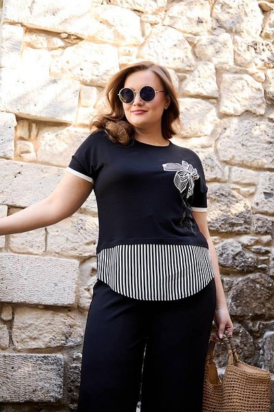 BERA LINE PLUS Women's Plus Size Garnished Detailed Stoned Stylish Black Striped Blouse