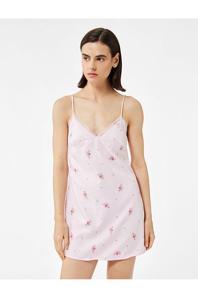 Koton Lace Detailed Thin Strap Floral Satin Mini Nightgown