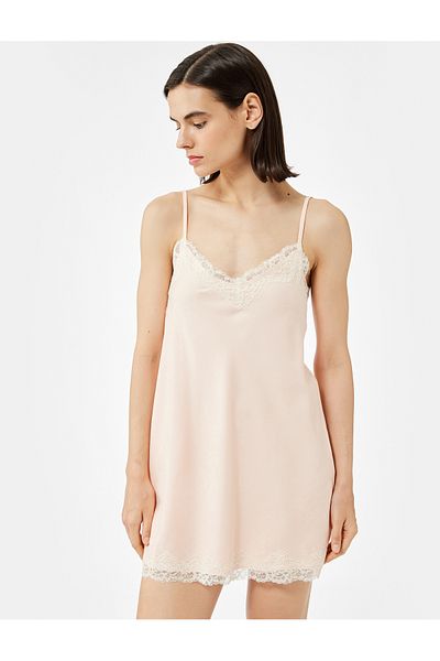 Koton Floral Textured Lace Detailed Thin Strap Nightgown