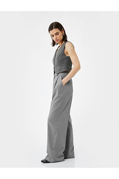 Koton High Waist Wide Leg Baggy Fabric Trousers with Pockets and Pleat Detail