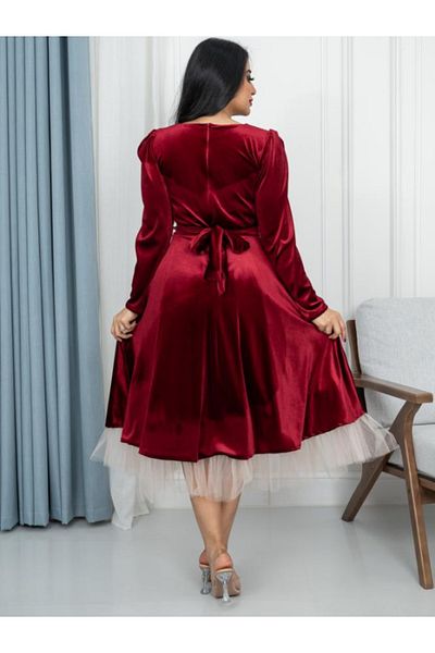 Nice Model Luxurious Red Velvet Midi Dress Long Sleeves Tulle Bottom Evening Party Formal Wear Women