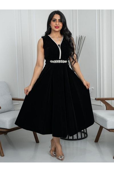 Nice Model Black Velvet Midi Dress Elegant Women Party Formal Evening Wear White Collar Luxury Waist Belt