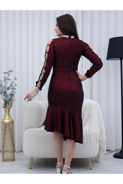 Nice Model Burgundy Shiny Midi Dress Open Sleeves Satin Ties Silver Accents Evening Party Formal Wear