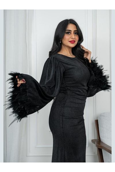 Nice Model Black Striped Velvet Midi Dress with Feathered Sleeves - Luxury Evening Wear for Women