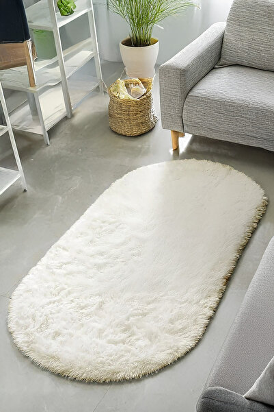 Estiva Home Krem Oval Post Halı Peluş Yumuşak Kaymaz Dot Taban Antibakteriyel Makinada Yıkanabilir Yolluk