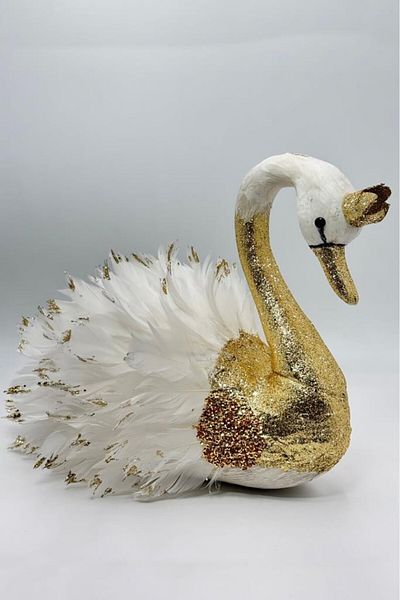 BeySüS Christmas Ornament Table - Pine Tree, Gold White Feather Luxury Swan
