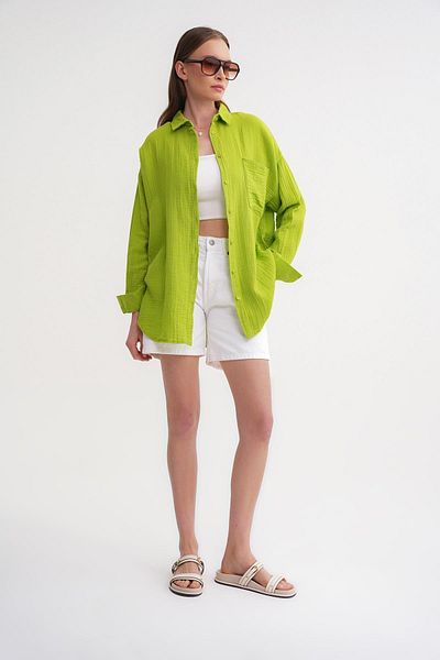 Mixray 3833 Γυναικείο πουκάμισο μουσελίνας Oversize με τσέπες Πράσινο φιστίκι