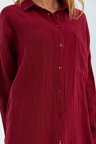 Mixray Burgundy 3833 Women's Oversize Muslin Pocket Shirt