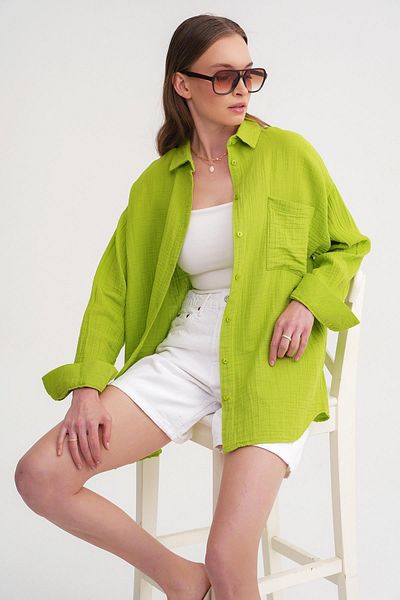Mixray 3833 Γυναικείο πουκάμισο μουσελίνας Oversize με τσέπες Πράσινο φιστίκι