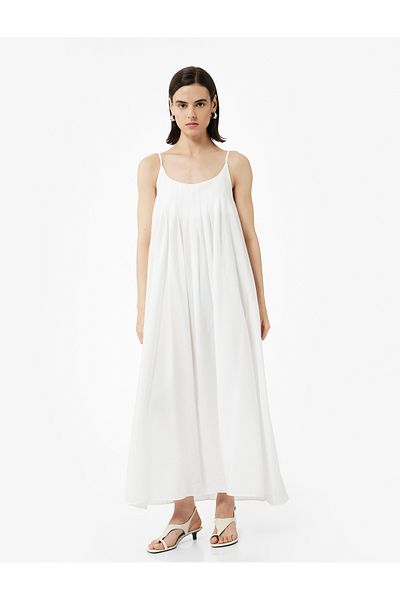 Koton Viscose Fabric Comfortable Fit Midi Length Slim Strap Flared Dress