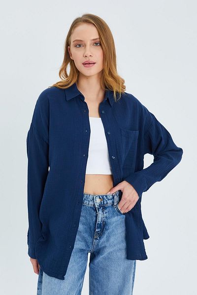 Mixray 3833 Model Navy Blue Women's Oversize Muslin Shirt - with Pockets