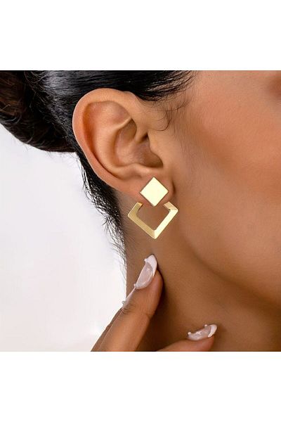 HISCOSMETIC Women's Gold - Gold Geometric Patterned Hanging Square Earrings