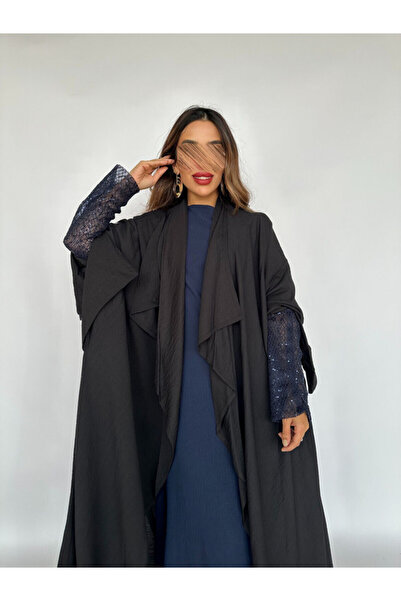 outline Black Qatari Bisht Abaya with Sequin Sleeves