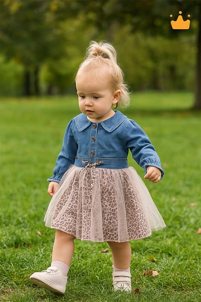 Babydola 0-3 Years Denim Fabric Leopard Detailed Baby Girl Children's Holiday Dress Pink 15583