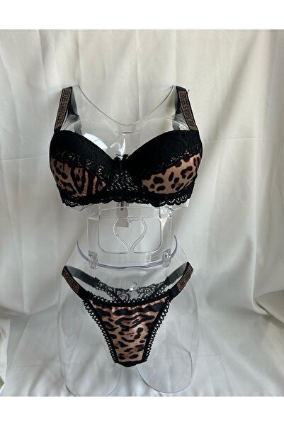 Pink Cadillac Taş Detaylı Leopar Dolgulu Sütyen Takımı Kutulu