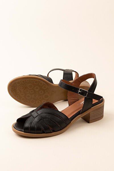 Gondol Kadın Hakiki Deri Orta Topuklu Günlük Şık Sandalet Anl.3363 Siyah
