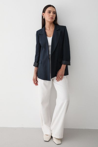 JASTE Women's Navy Blue Striped Lined Sleeve Detailed Blazer Jacket