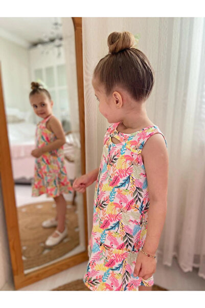 DUDOR KİDS Flamingo Patterned Colorful Girl's Summer Dress - Holiday