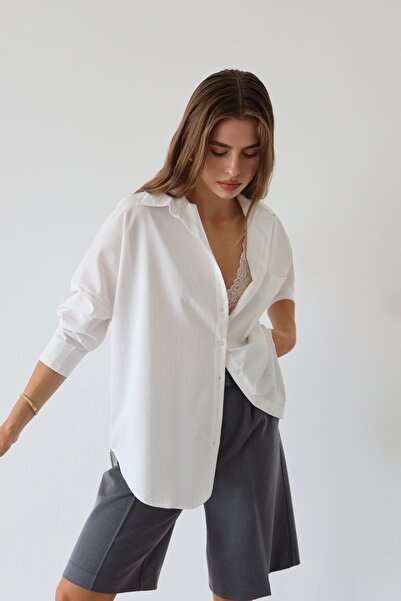 JASTE Γυναικείο ροζ ριγέ πουκάμισο με κουμπιά με λεπτομέρεια ριγέ υπερμεγέθη