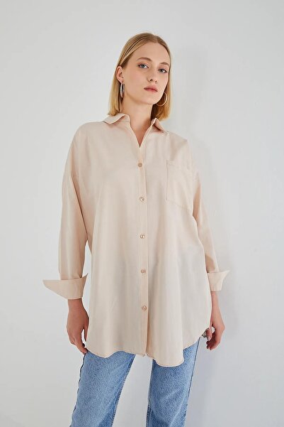 Mixray 4053 Women's Single Pocket Oversize Basic Shirt Stone