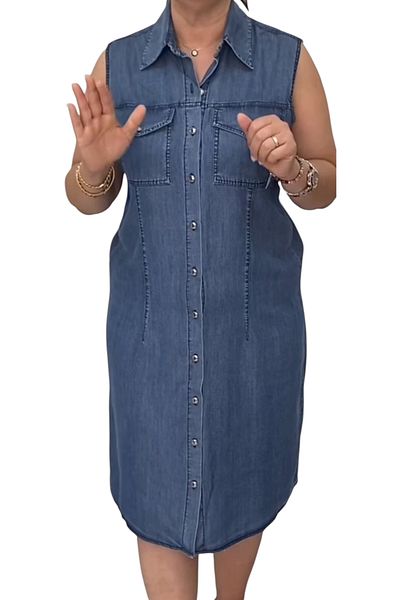 AKŞEN GİYİM Cămașă cu nasturi de dimensiuni mari, din denim subțire, cu rever, cu două buzunare, rochie de jeans fără mâneci