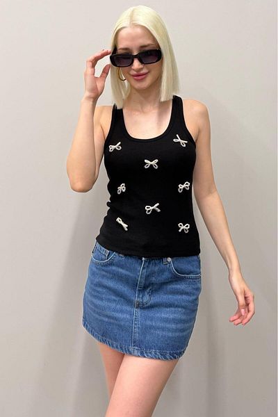 Seeh Black Bow Detailed Ribbed Undershirt Sh252