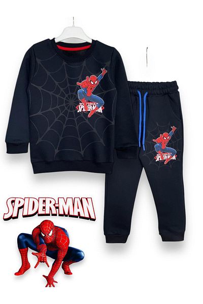 LİTTLE TORTOİSE Boy's Black Spider-Man Printed Crew Neck T-Shirt with Pocket Shorts 2-Piece Set