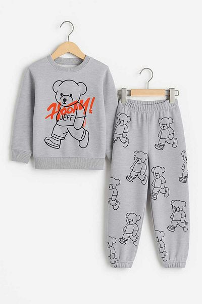Midani Store High Quality Boy's Teddy Bear Printed Hooded Cotton 2 Thread Tracksuit Set 3-6 Years Old Fall