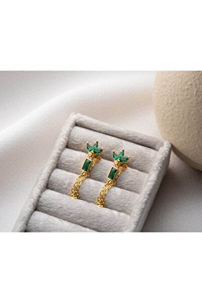 Papatya Silver 925 Ayar Gümüş Gold Zümrüt Rengi Zirkon Taşlı Taç Model Zincir Sallantılı Küpe